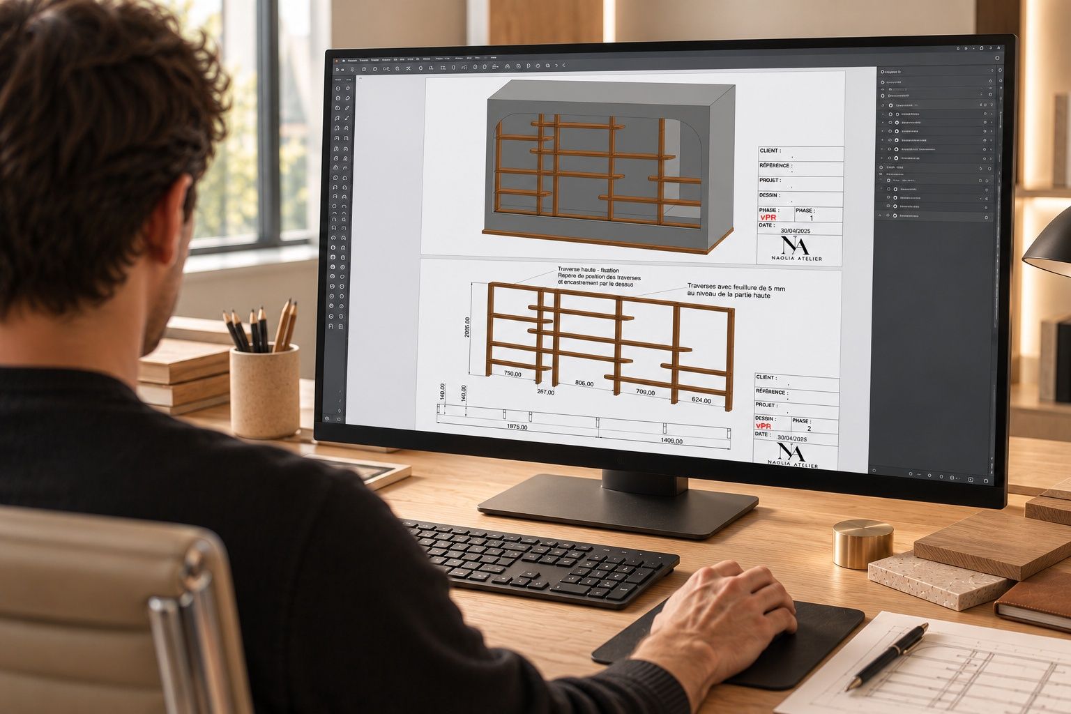 Conception d'un meuble sur ordinateur : vue 3D et plans d'exécution