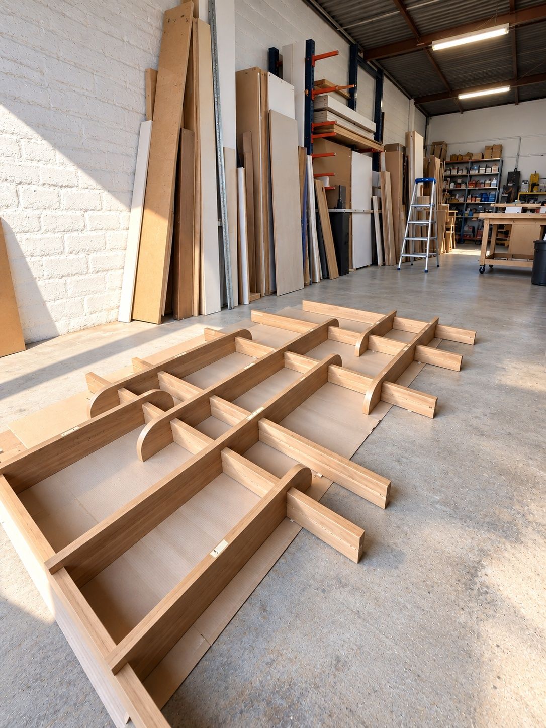 Éléments d'une étagère en bois posés au sol de l'atelier
