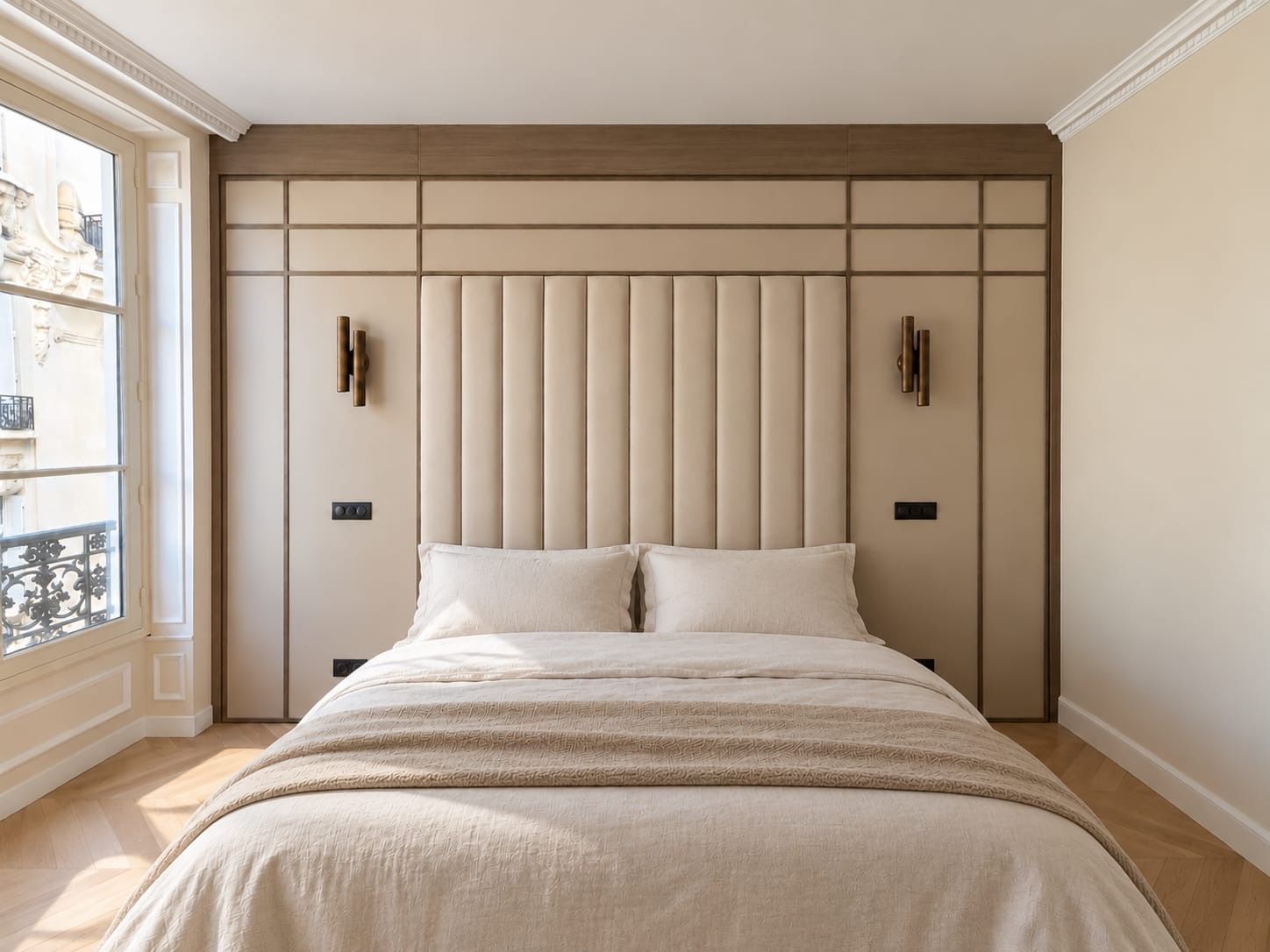 Tête de lit capitonnée et habillage mural en bois dans une chambre